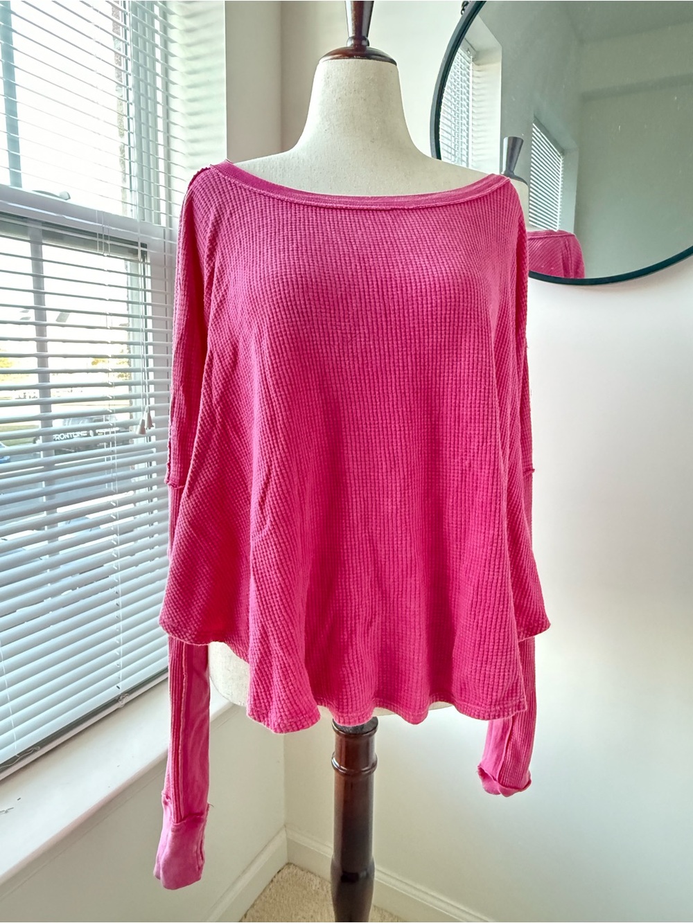 Free People Waffle Knit Long-Sleeve Top in Hot Pink